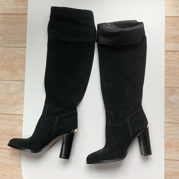 Michael Kors 🖤 Two Way Over Knee Boot Slouchy Wide Split Open Top Black Suede - Picture 6 of 16